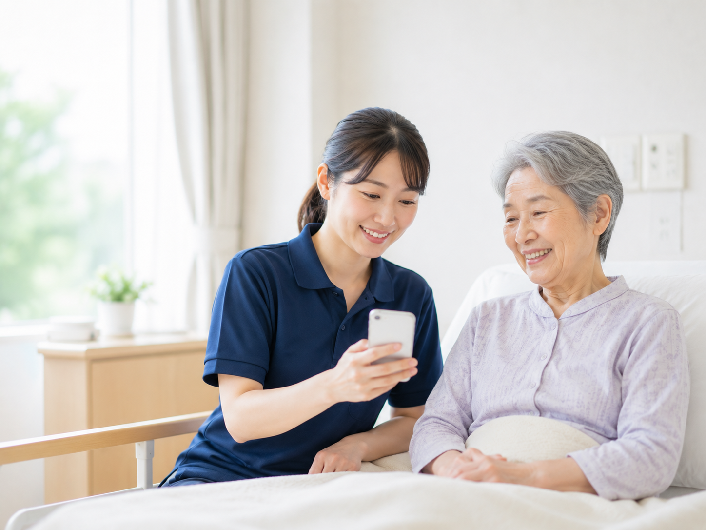利用者に寄り添いスマホで記録を確認する看護職